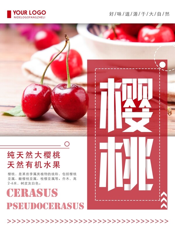 红色清新简约樱桃食物宣传海报