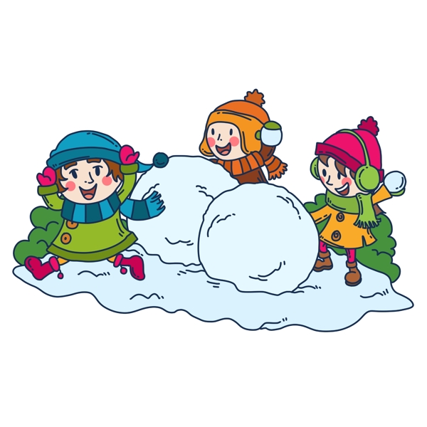 手绘冬季滚雪球儿童人物插画
