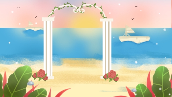清新彩绘海边婚礼背景设计