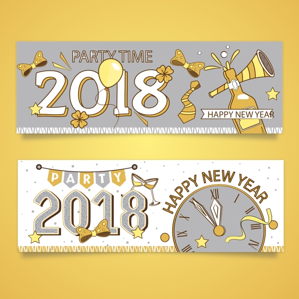 灰色和黄色手绘新年2018横幅