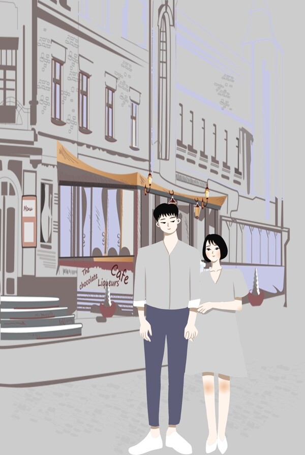 七夕节街道手绘情侣灰色广告背景