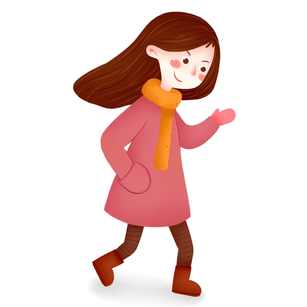 手绘卡通简约女孩穿着粉色棉衣散步原创元素