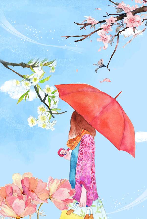 浪漫花朵雨伞元素