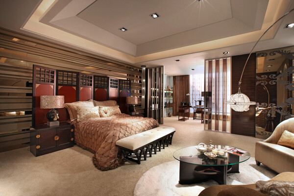 现代典雅气息卧室褐色亮面床品室内装修图