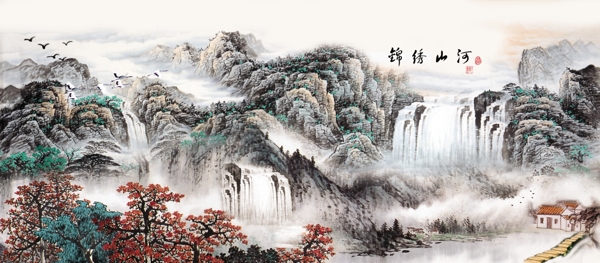 中式山水锦绣山河电视背景墙