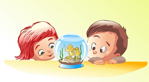 看鱼缸的卡通儿童