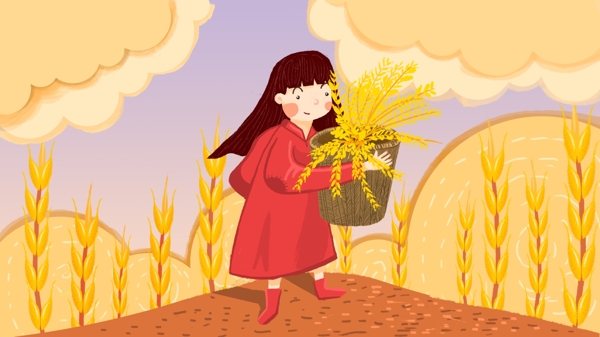 立秋收麦子的女孩小麦插画
