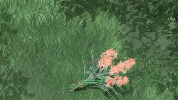 遗放在绿色草丛中的粉色花束背景