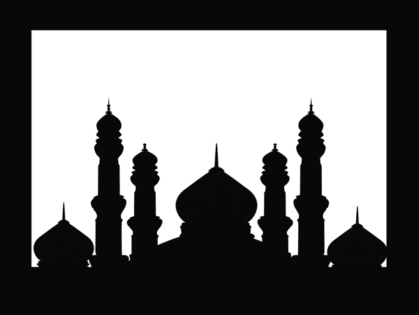 在月夜背景清真寺剪影矢量框架