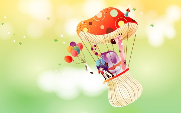 韩国清新插画热气球蘑菇