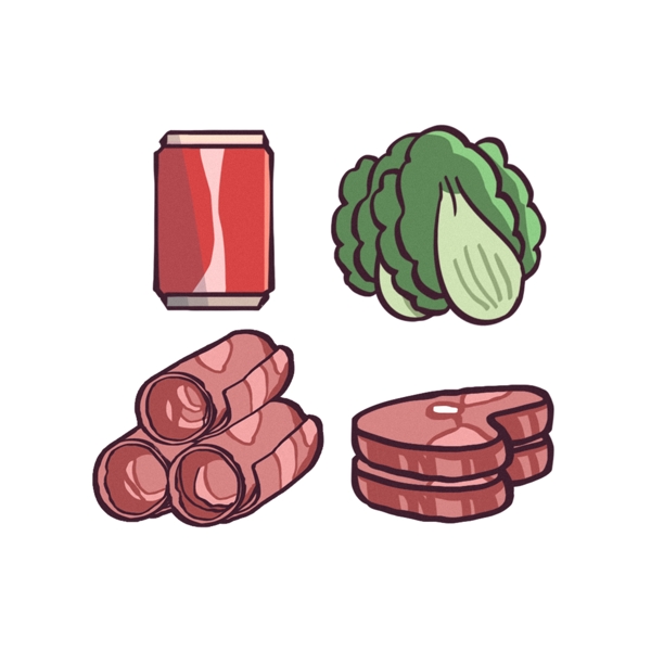牛排肉卷蔬菜可乐手绘素材图片