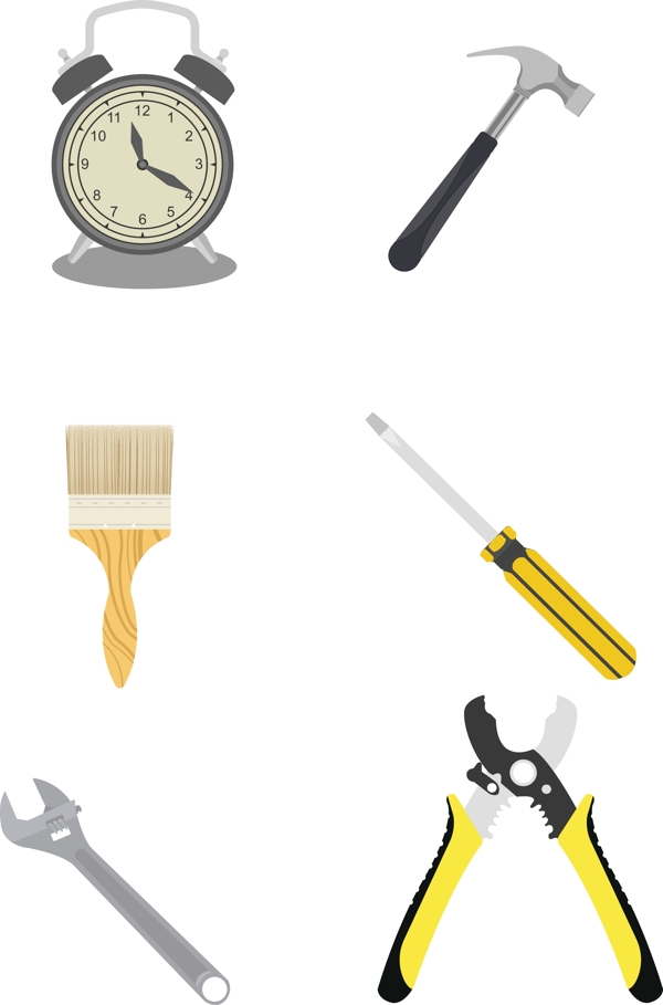 各种类型工具合集锤子螺丝刀刷子逼真图标