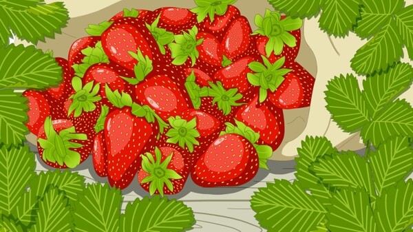 鲜红的草莓绿色叶子卡通背景
