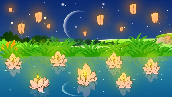 中元节夜空河面上的荷花发光手绘原创插画