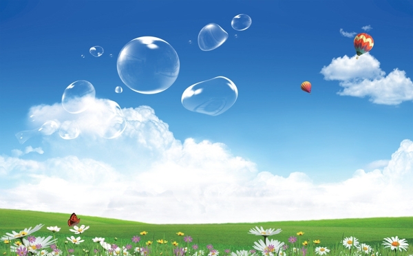 蓝天草地热气球图片