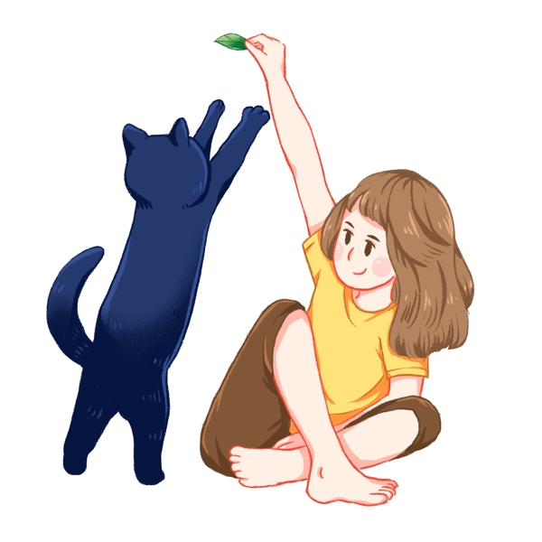 女孩和猫咪温馨互动插画设计