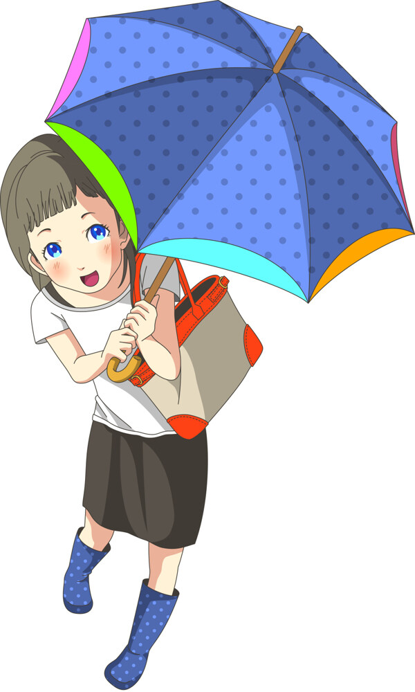 卡通打雨伞的人物插画