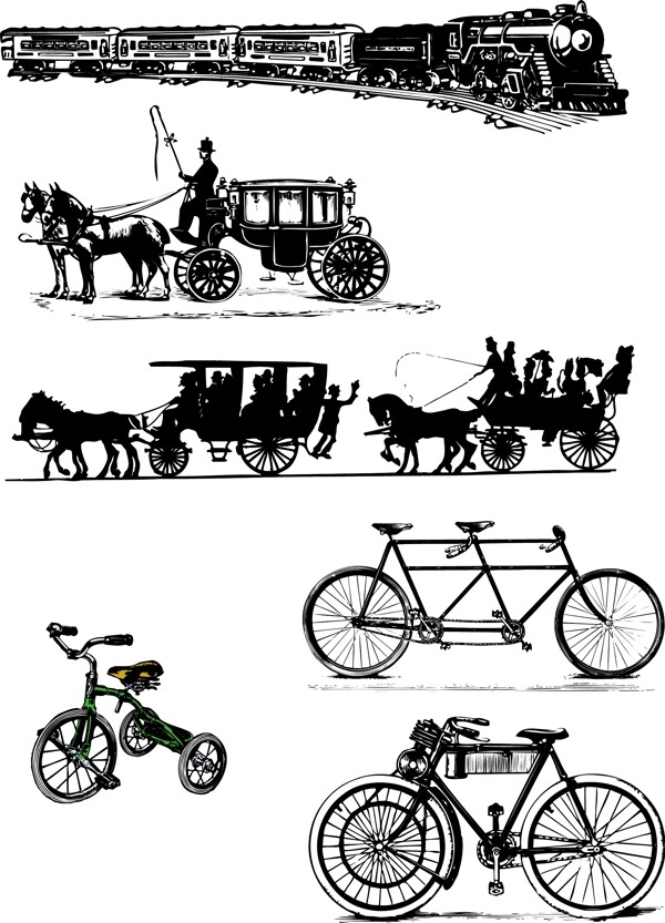 矢量火车马车与自行车图片