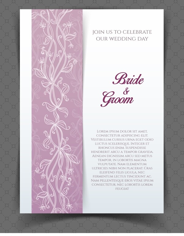 紫色背景花纹婚礼邀请函卡片矢量背景