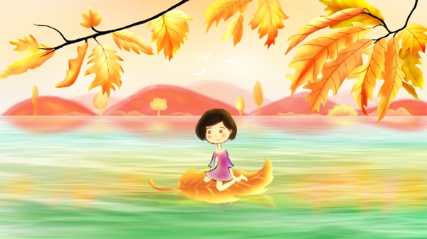 原创唯美立秋节气插画湖面坐在树叶上的小孩