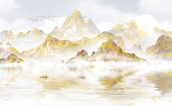 山水复古金色插画背景海报素材图片