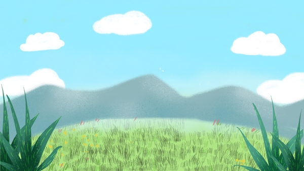 蓝天白云下的草地卡通清新背景图