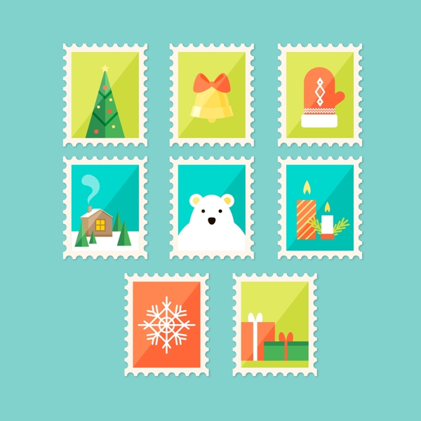 清新彩色的圣诞节邮票标签