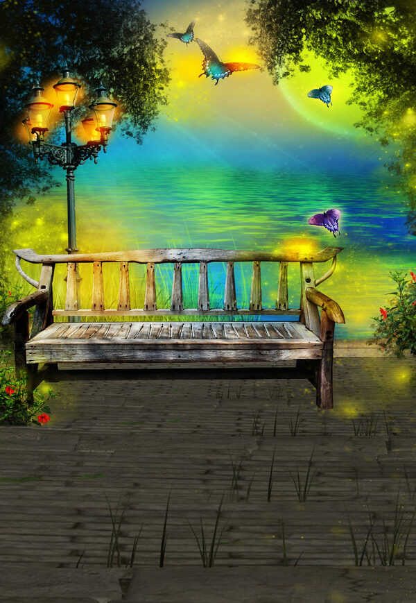 湖边的路灯长椅影楼摄影背景图片