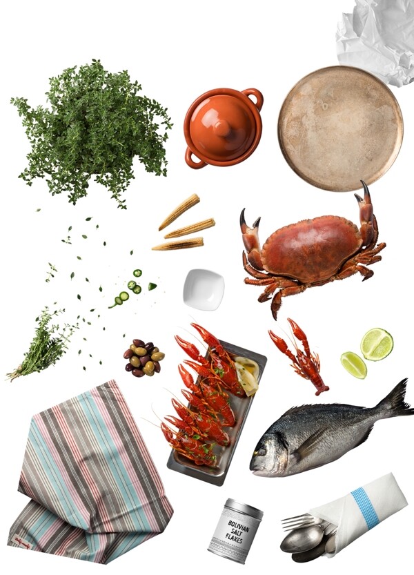创房的各种食物海鲜香料厨具