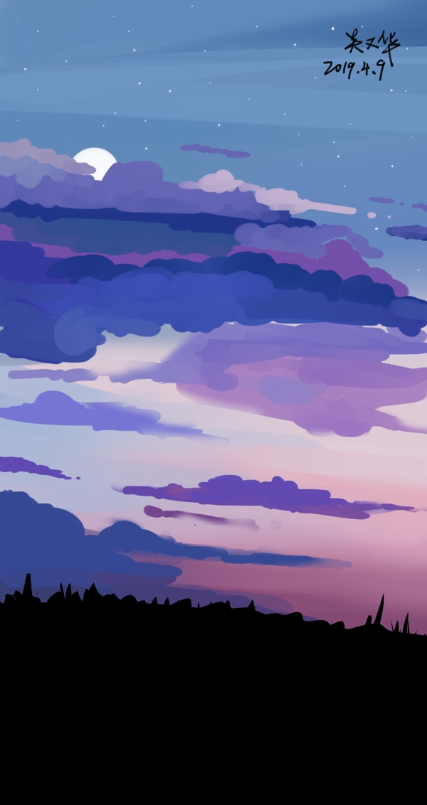 原创插画紫色傍晚天空
