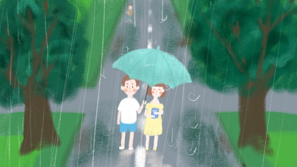 校园情侣浪漫雨中散步小清新插画