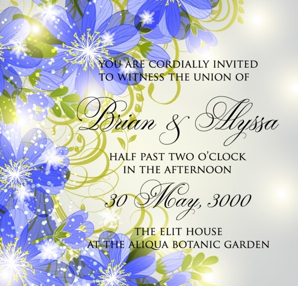 蓝色花卉婚礼邀请海报矢量图