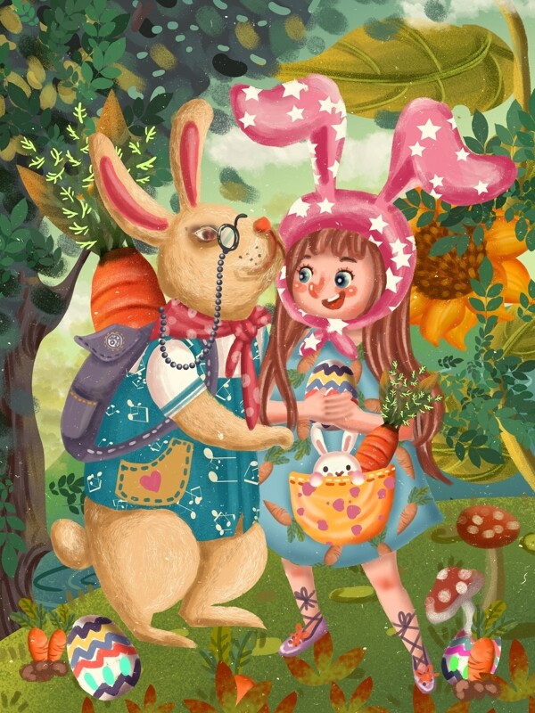 复活节节日兔子女孩儿童胡萝卜玩耍欢乐树林