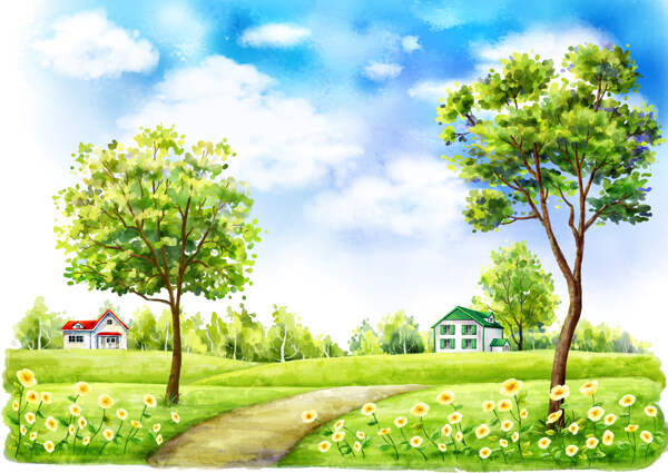 绿树风景插画图片
