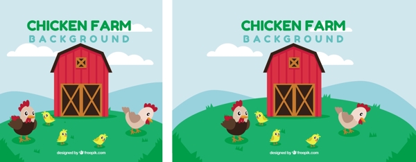 母鸡和小鸡插图绿色农场背景