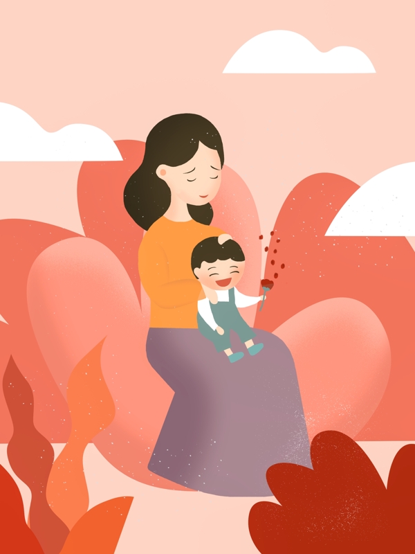 简约清新粉色系母子连心母亲节节日插画海报