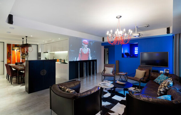简约客厅蓝色电视背景墙装修效果图