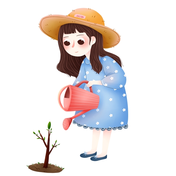 卡通小清新种树浇花的女孩