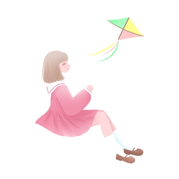 手绘放风筝的女孩免抠元素