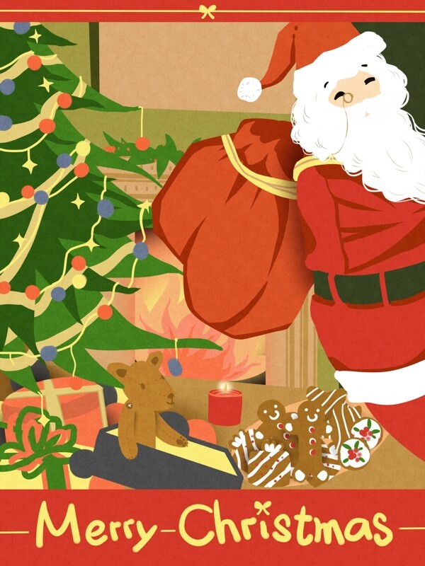 圣诞节圣诞老人放礼物剪纸风原创手绘插画