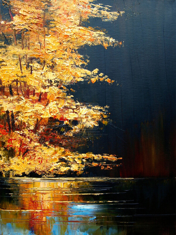 湖面风景油画