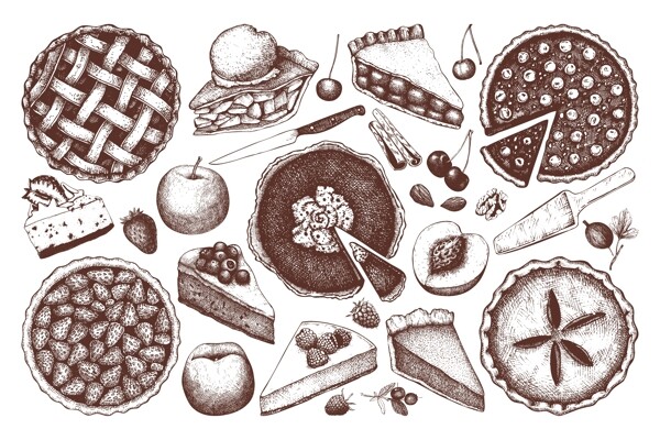 手绘各种烘焙甜品插画