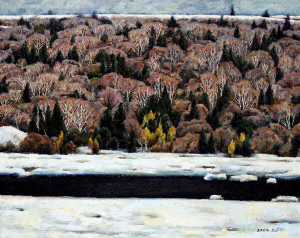 雪地上的溪流和森林油画图片