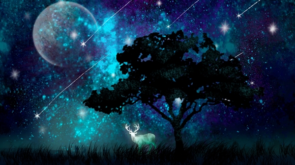 星空下的树与鹿插画插图剪影精灵月球流星