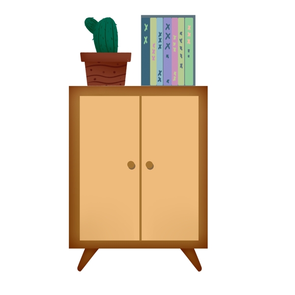 卡通柜子上的盆栽和书架