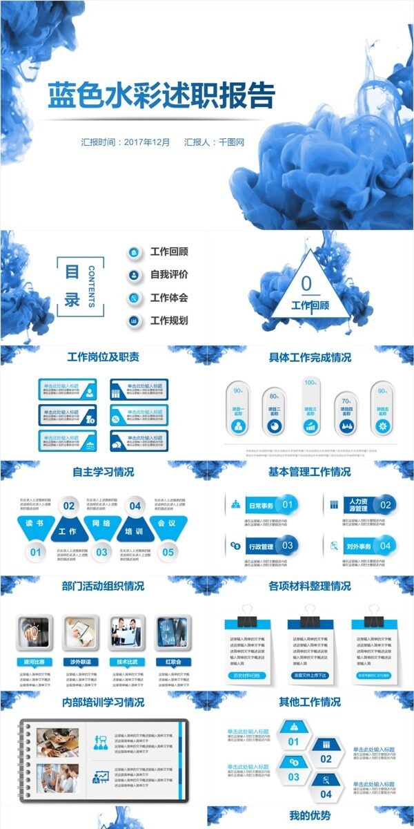 蓝色简约水彩述职报告商务通用ppt模板