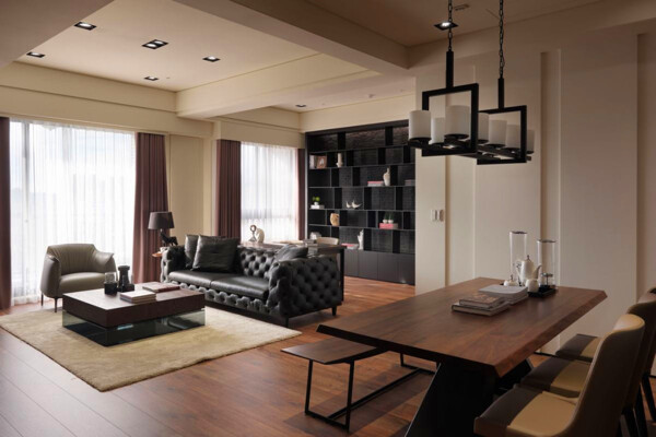 现代时尚客厅黑色皮质沙发室内装修效果图