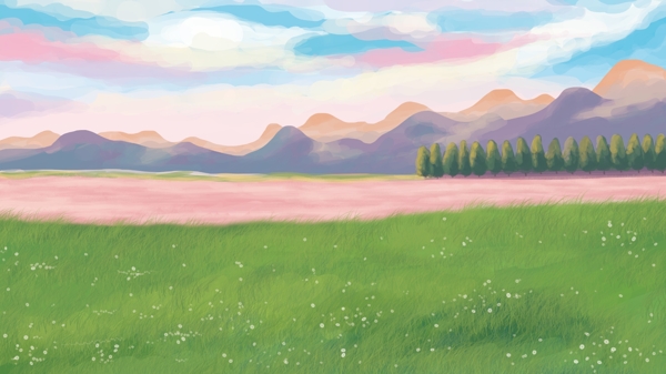 彩色天空远山草地背景图