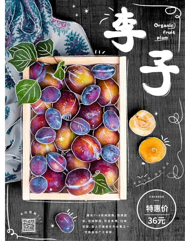 简约手绘风李子水果美食海报