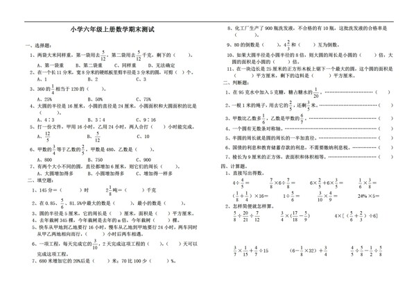 数学六年级上新课标期末复习测试卷